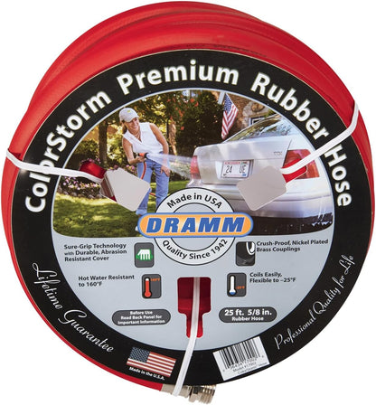 ColorStorm Premium Rubber Garden Hose – 50 ft Heavy Duty 5/8" Water Hose – Kink Resistant, Crush-Proof Nickel-Plated Couplings – Made in USA - Red