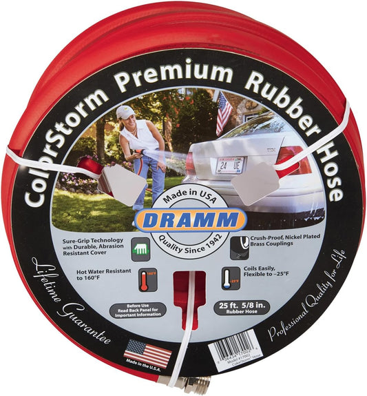 ColorStorm Premium Rubber Garden Hose – 50 ft Heavy Duty 5/8" Water Hose – Kink Resistant, Crush-Proof Nickel-Plated Couplings – Made in USA - Red