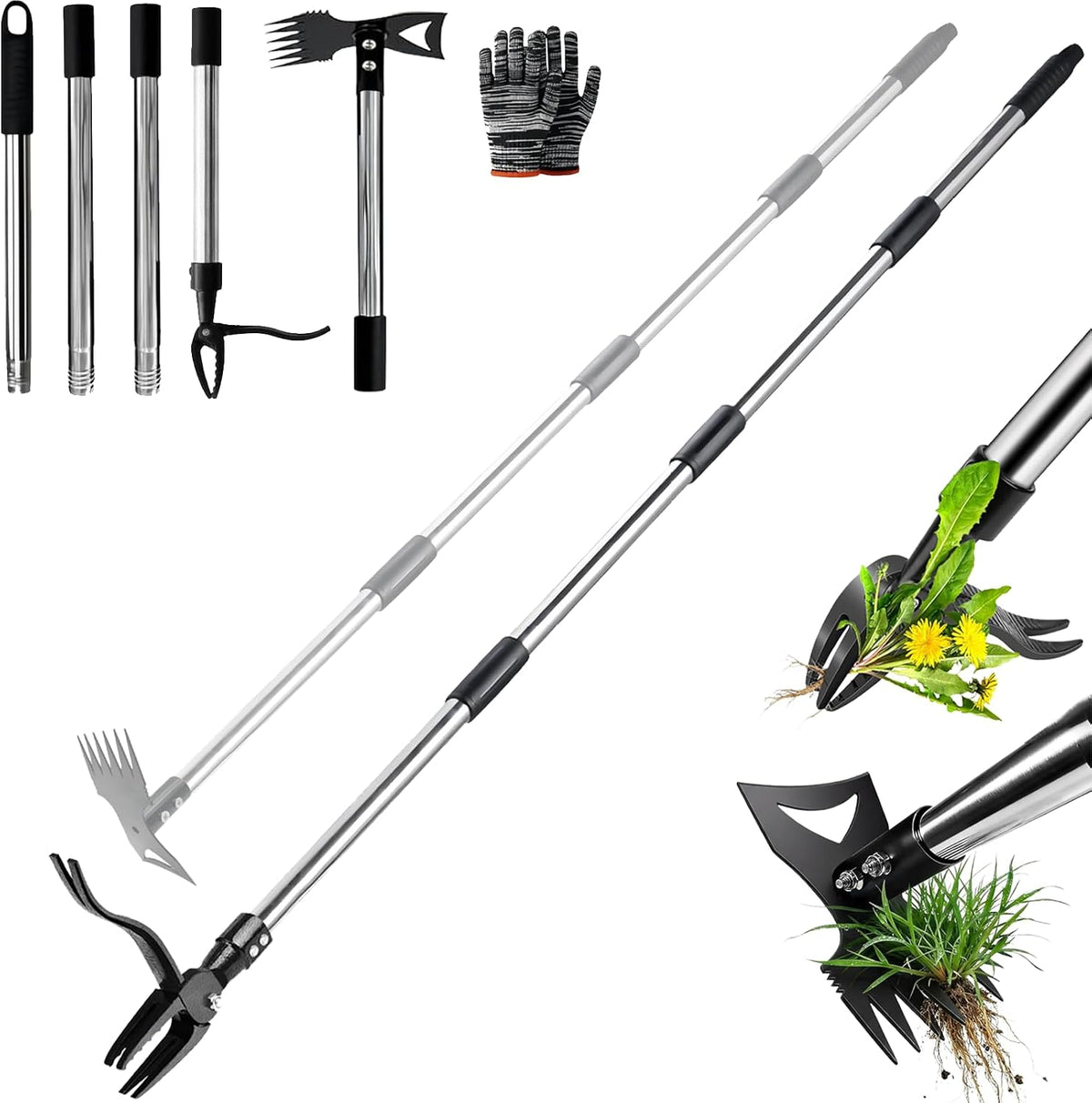 58" Stand Up Weed Puller Tool with Long Handle, 2 in 1 Manual Weeder & Garden Hoe, 4-Claw Steel Head Weed Remover with Gloves for Yard Lawn Patio Garden