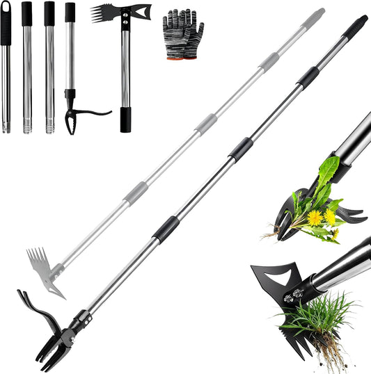 58" Stand Up Weed Puller Tool with Long Handle, 2 in 1 Manual Weeder & Garden Hoe, 4-Claw Steel Head Weed Remover with Gloves for Yard Lawn Patio Garden