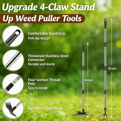 58" Stand Up Weed Puller Tool with Long Handle, 2 in 1 Manual Weeder & Garden Hoe, 4-Claw Steel Head Weed Remover with Gloves for Yard Lawn Patio Garden