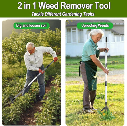 58" Stand Up Weed Puller Tool with Long Handle, 2 in 1 Manual Weeder & Garden Hoe, 4-Claw Steel Head Weed Remover with Gloves for Yard Lawn Patio Garden