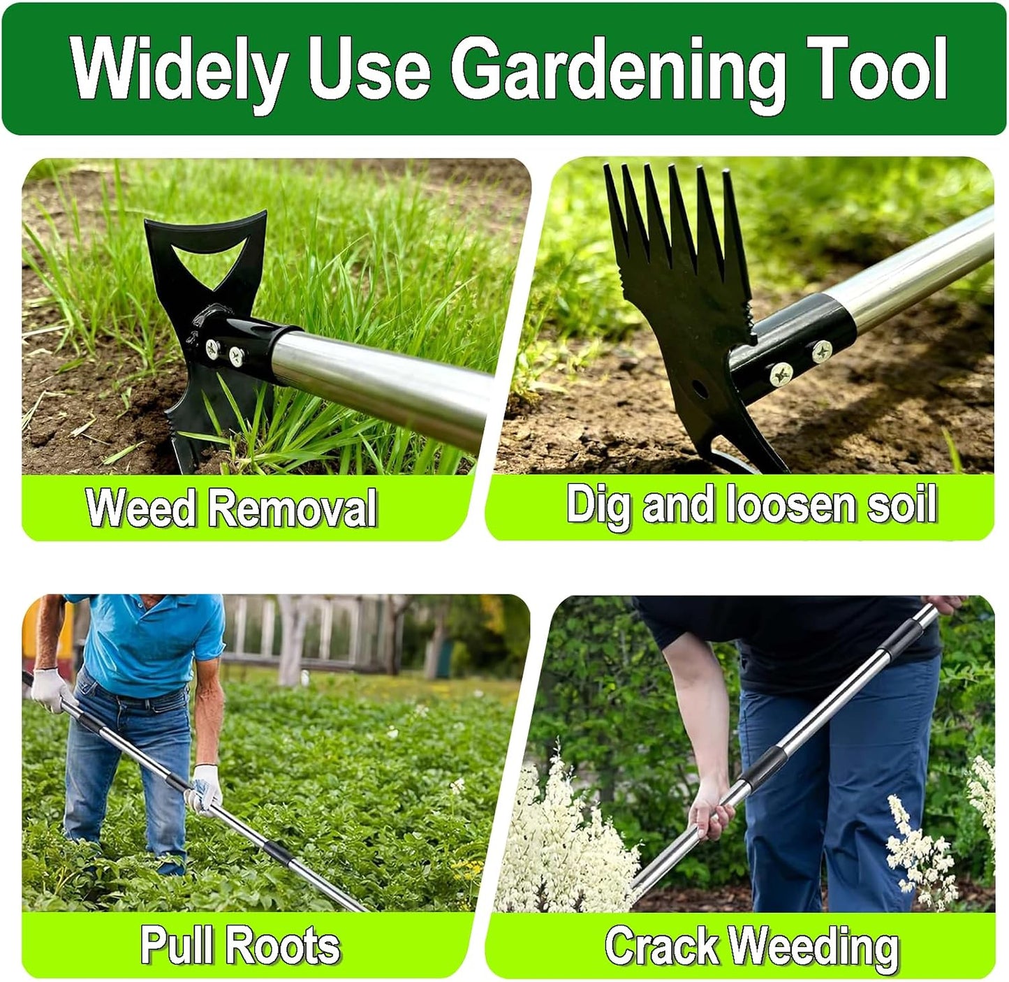 58" Stand Up Weed Puller Tool with Long Handle, 2 in 1 Manual Weeder & Garden Hoe, 4-Claw Steel Head Weed Remover with Gloves for Yard Lawn Patio Garden
