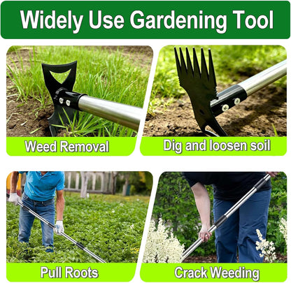 58" Stand Up Weed Puller Tool with Long Handle, 2 in 1 Manual Weeder & Garden Hoe, 4-Claw Steel Head Weed Remover with Gloves for Yard Lawn Patio Garden