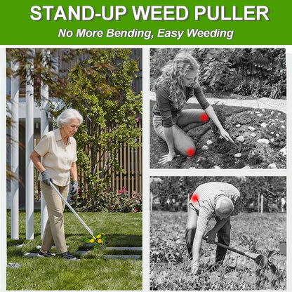 58" Stand Up Weed Puller Tool with Long Handle, 2 in 1 Manual Weeder & Garden Hoe, 4-Claw Steel Head Weed Remover with Gloves for Yard Lawn Patio Garden