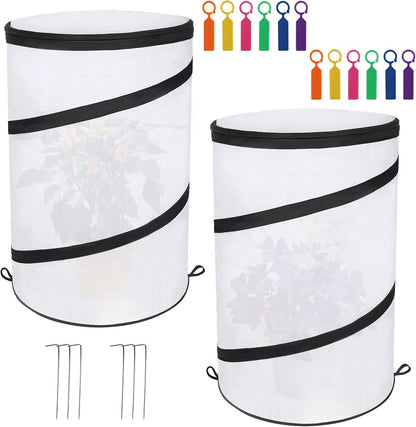 2 Pcs 12"×21" Pop Up Round Winter Frost Plant Cover,Foldable Non Woven Winter Plant Freeze Protection Tent with Ground Stakes & Label Cards,Mini Greenhouse Protector for Small Indoor&Outdoor Plants
