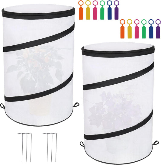 2 Pcs 12"×21" Pop Up Round Winter Frost Plant Cover,Foldable Non Woven Winter Plant Freeze Protection Tent with Ground Stakes & Label Cards,Mini Greenhouse Protector for Small Indoor&Outdoor Plants