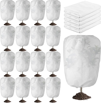 16 Pcs 32 x 47 Inch Plant Covers Freeze Protection, Reusable Plant Protector Frost Cloth Warm Blankets, Winter Bush Tree Cover with Drawstring Outdoor (White)