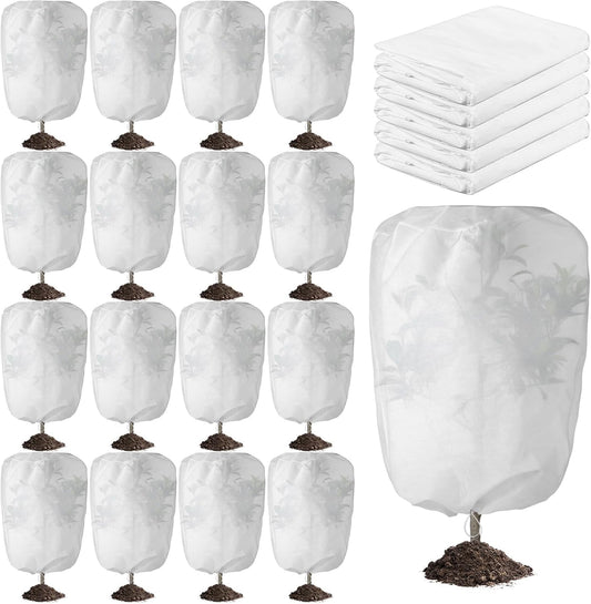 16 Pcs 32 x 47 Inch Plant Covers Freeze Protection, Reusable Plant Protector Frost Cloth Warm Blankets, Winter Bush Tree Cover with Drawstring Outdoor (White)