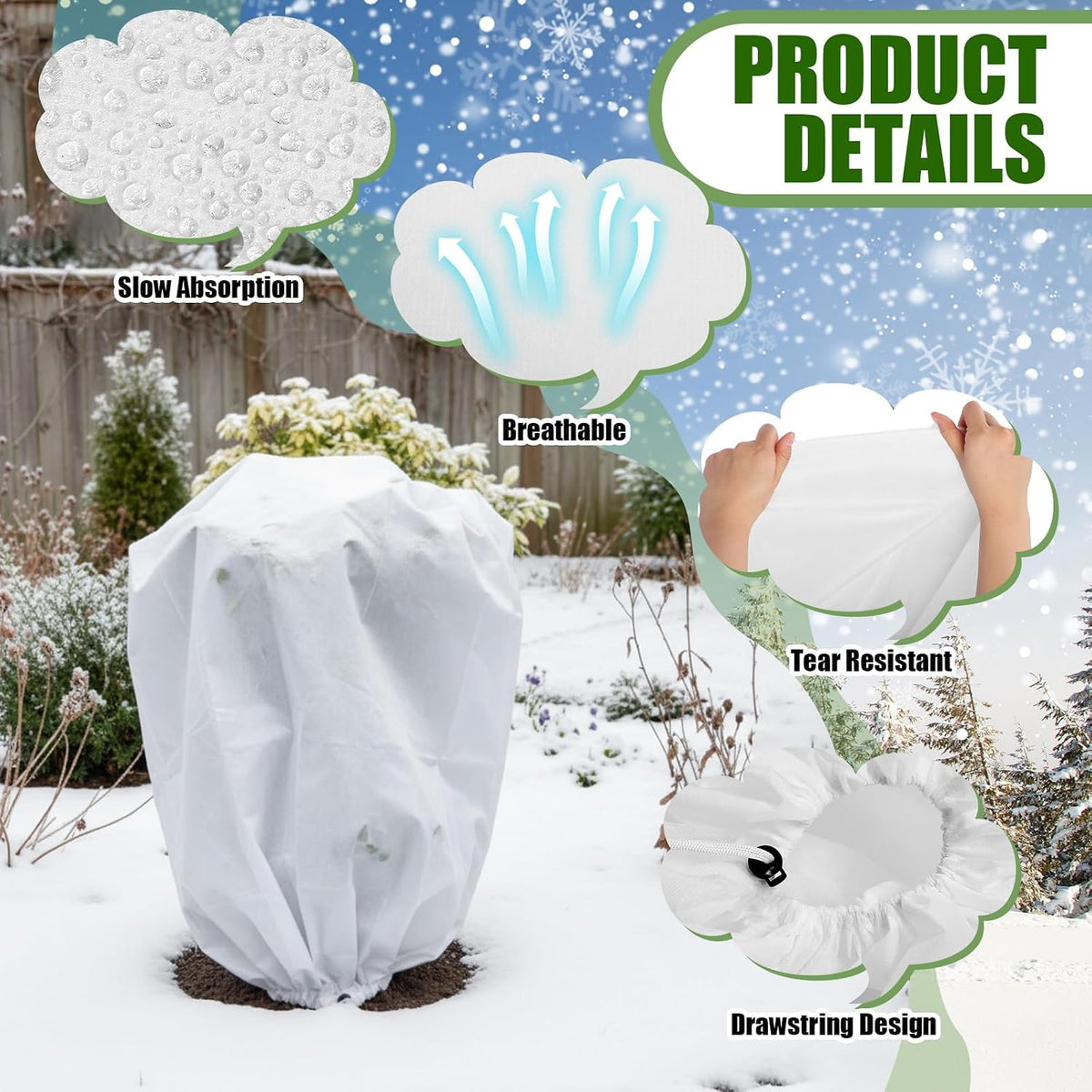 16 Pcs 32 x 47 Inch Plant Covers Freeze Protection, Reusable Plant Protector Frost Cloth Warm Blankets, Winter Bush Tree Cover with Drawstring Outdoor (White)