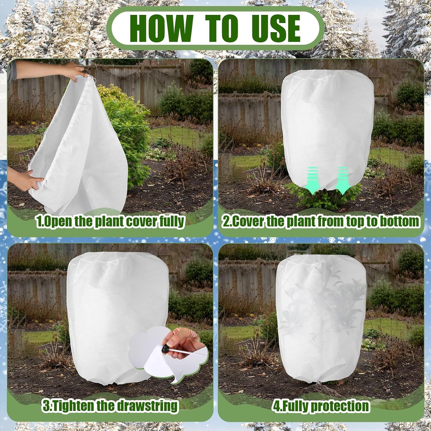 16 Pcs 32 x 47 Inch Plant Covers Freeze Protection, Reusable Plant Protector Frost Cloth Warm Blankets, Winter Bush Tree Cover with Drawstring Outdoor (White)