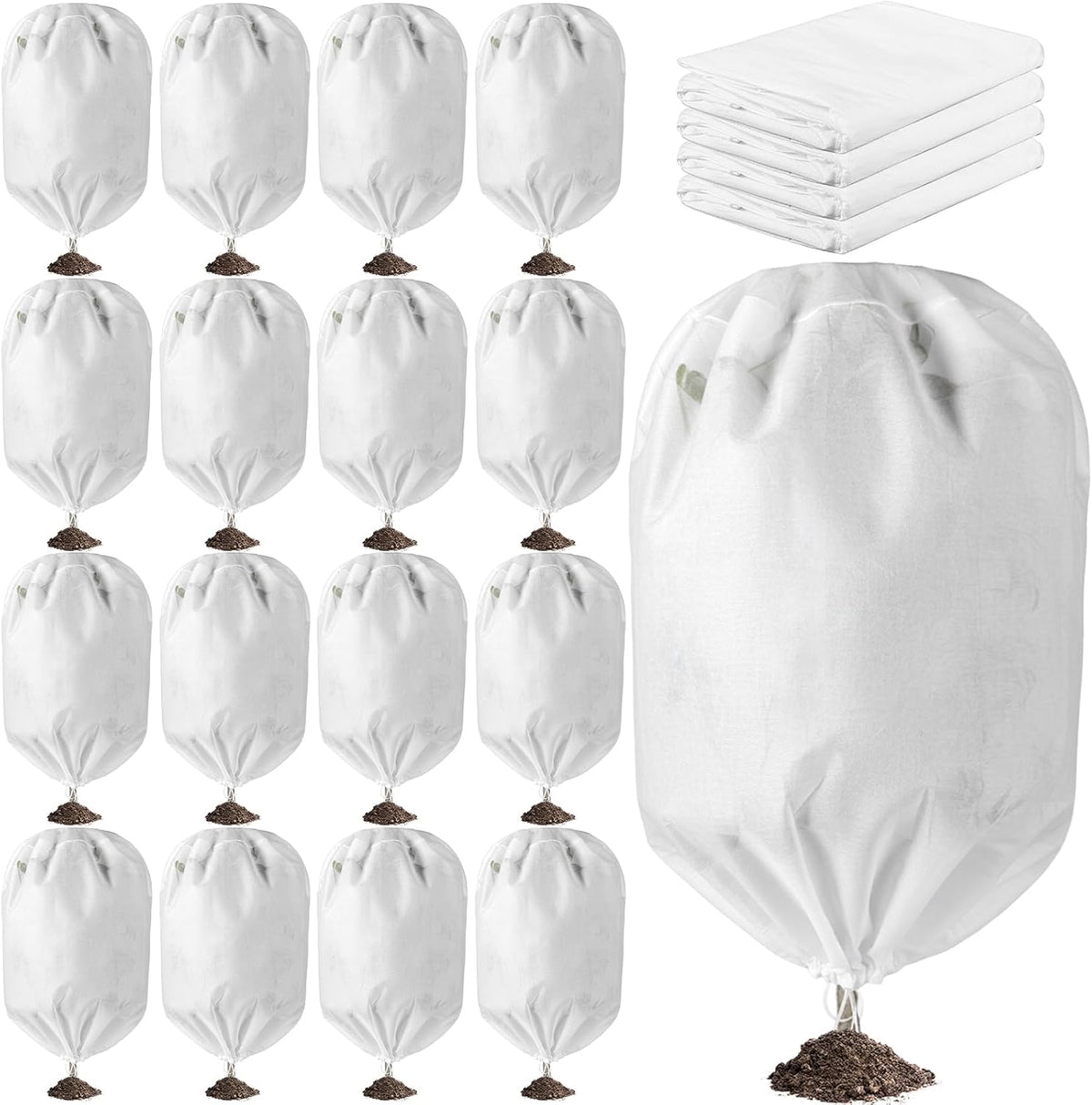 16 Pcs 32 x 47 Inch Plant Covers Freeze Protection, Reusable Plant Protector Frost Cloth Warm Blankets, Winter Bush Tree Cover with Drawstring Outdoor (White)