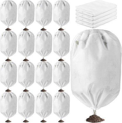 16 Pcs 32 x 47 Inch Plant Covers Freeze Protection, Reusable Plant Protector Frost Cloth Warm Blankets, Winter Bush Tree Cover with Drawstring Outdoor (White)