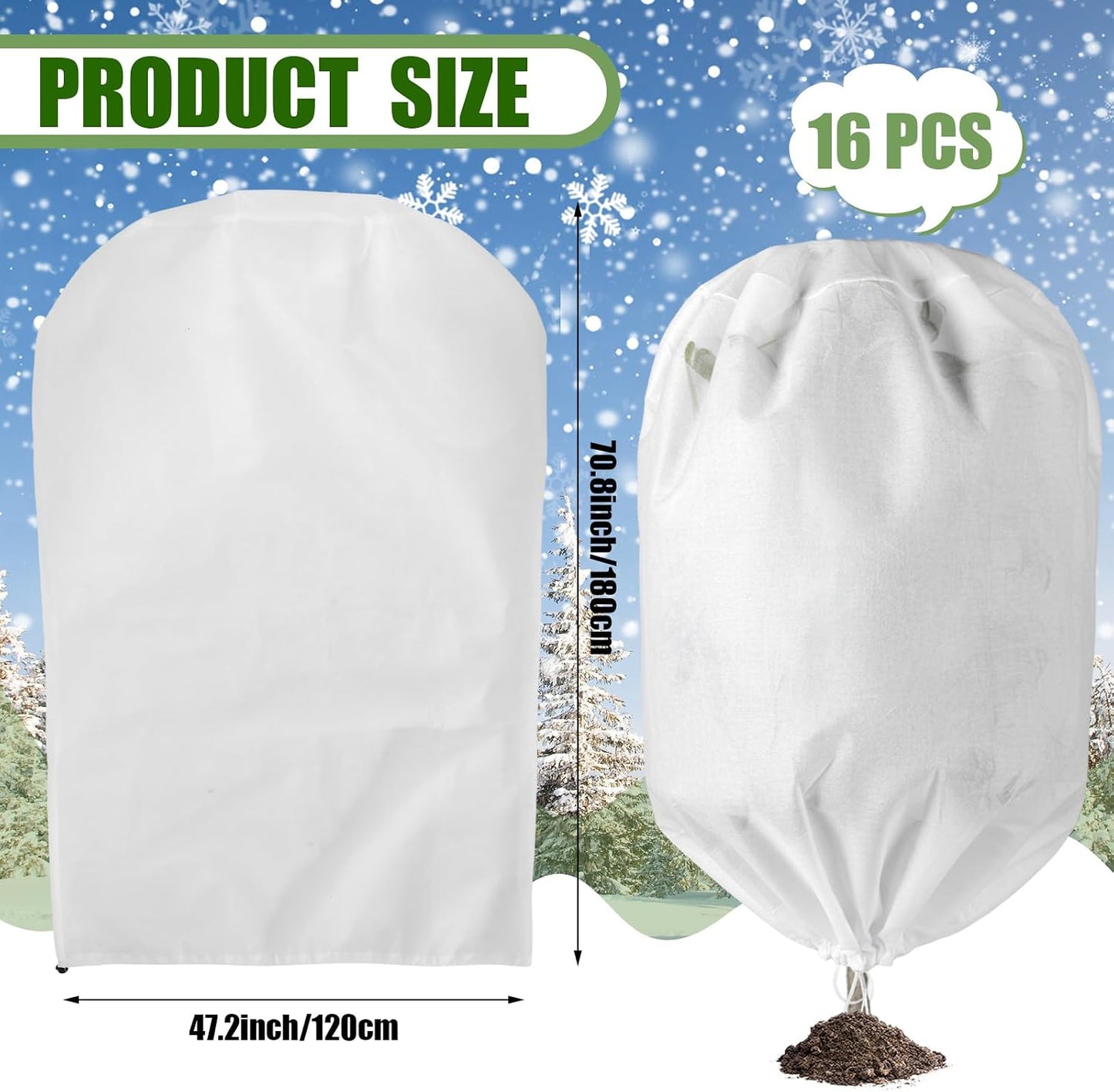 16 Pcs 32 x 47 Inch Plant Covers Freeze Protection, Reusable Plant Protector Frost Cloth Warm Blankets, Winter Bush Tree Cover with Drawstring Outdoor (White)