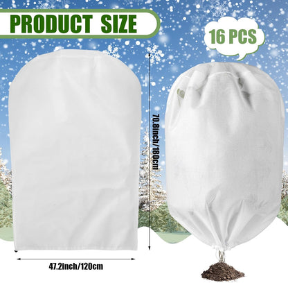 16 Pcs 32 x 47 Inch Plant Covers Freeze Protection, Reusable Plant Protector Frost Cloth Warm Blankets, Winter Bush Tree Cover with Drawstring Outdoor (White)