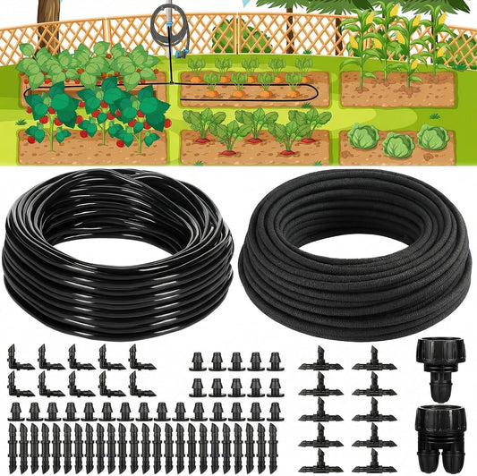 Drip Irrigation System Kit Garden Watering System 200ft 1/4 Inch Soaker Hose 100ft 1/4 Inch Drip Irrigation Tubing with Distribution Tubing and Accessories for Garden Greenhouse Patio Lawn
