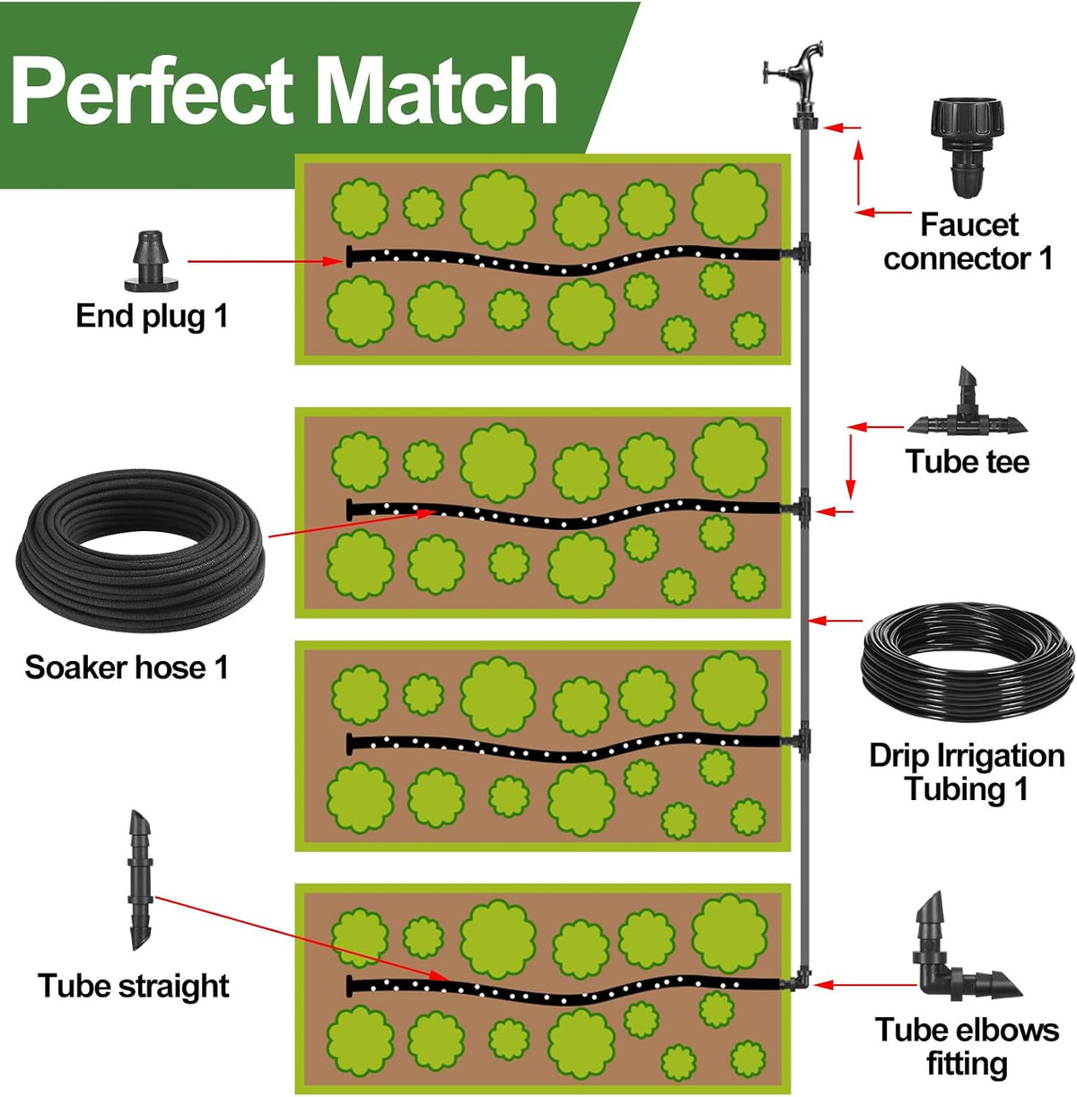Drip Irrigation System Kit Garden Watering System 200ft 1/4 Inch Soaker Hose 100ft 1/4 Inch Drip Irrigation Tubing with Distribution Tubing and Accessories for Garden Greenhouse Patio Lawn