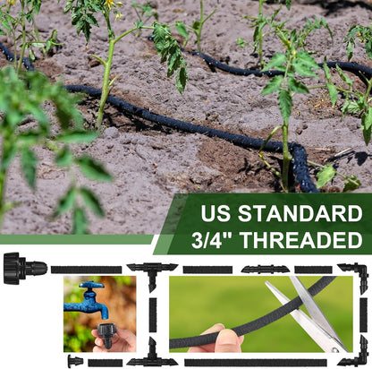 Drip Irrigation System Kit Garden Watering System 200ft 1/4 Inch Soaker Hose 100ft 1/4 Inch Drip Irrigation Tubing with Distribution Tubing and Accessories for Garden Greenhouse Patio Lawn
