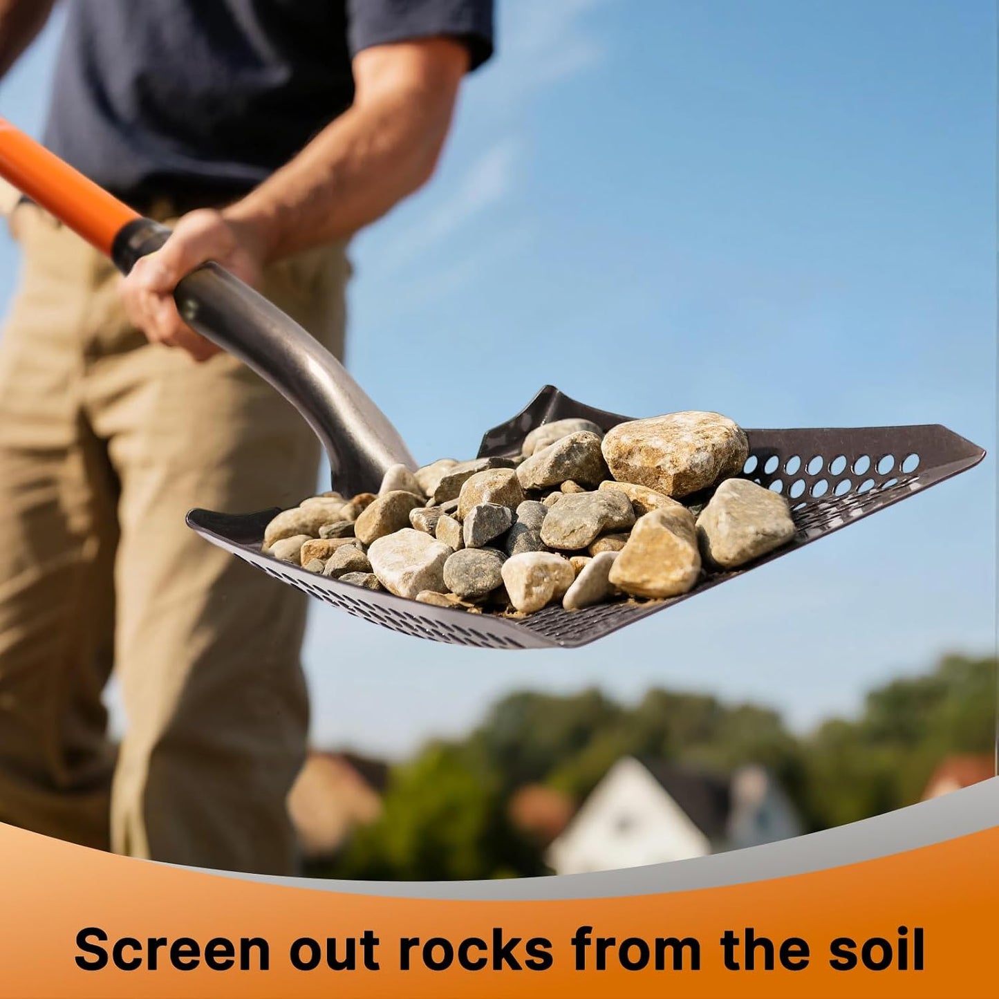 45in Sand Sifting Shovel with Orange Fiberglass Handle - Heavy Duty Slotted Shovel for Rocks, Chicken Coop, Gardening and Soil Sifting
