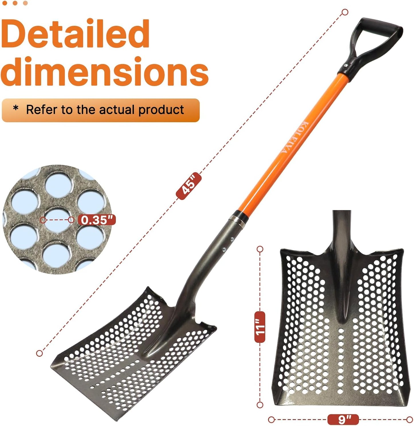 45in Sand Sifting Shovel with Orange Fiberglass Handle - Heavy Duty Slotted Shovel for Rocks, Chicken Coop, Gardening and Soil Sifting