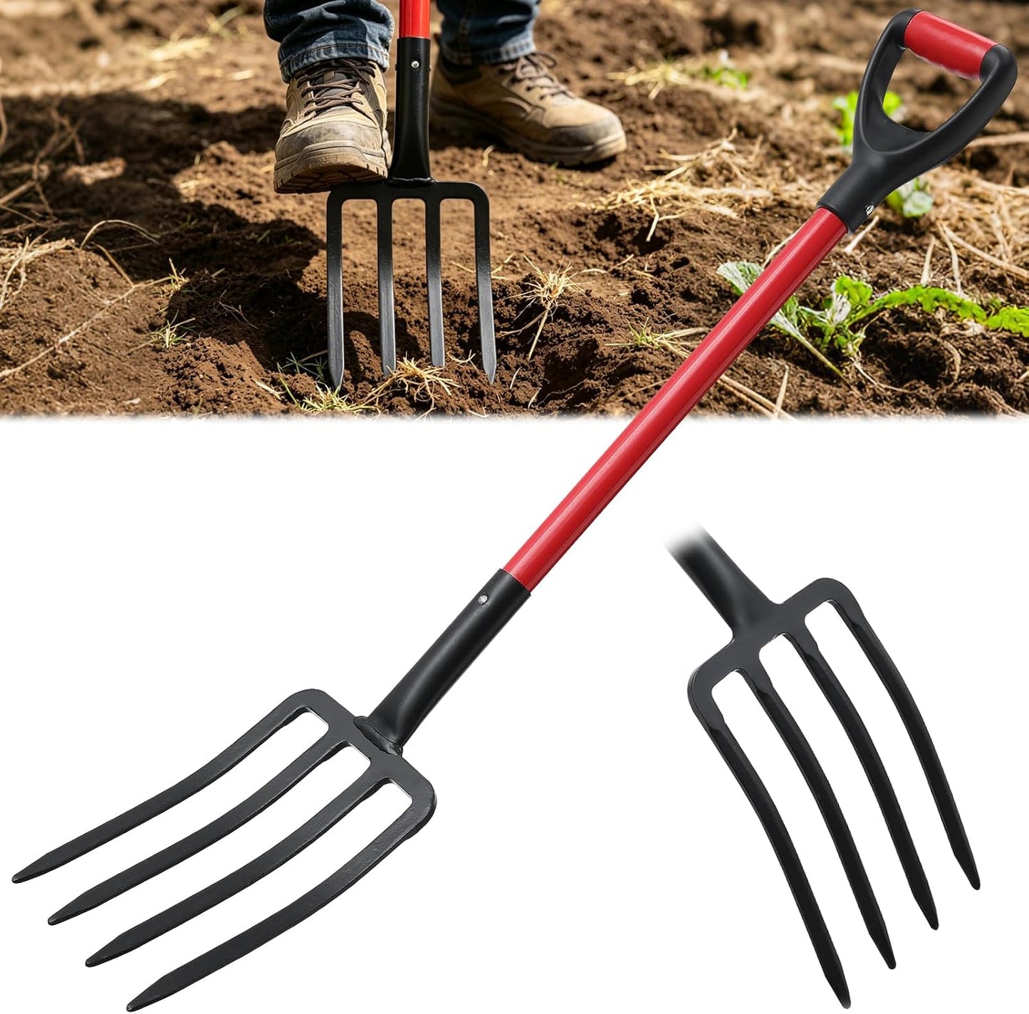 47IN Garden Pitchfork, One-piece Design 4-Tine Garden Fork Heavy Duty Digging Manure Forks for Potato Digging Mulch Spreading Loosening Soil Hay Compost Aeration Transplanting Farm Garden