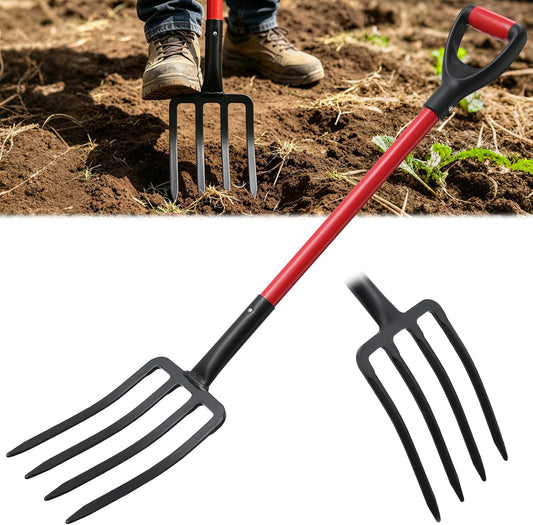 47IN Garden Pitchfork, One-piece Design 4-Tine Garden Fork Heavy Duty Digging Manure Forks for Potato Digging Mulch Spreading Loosening Soil Hay Compost Aeration Transplanting Farm Garden