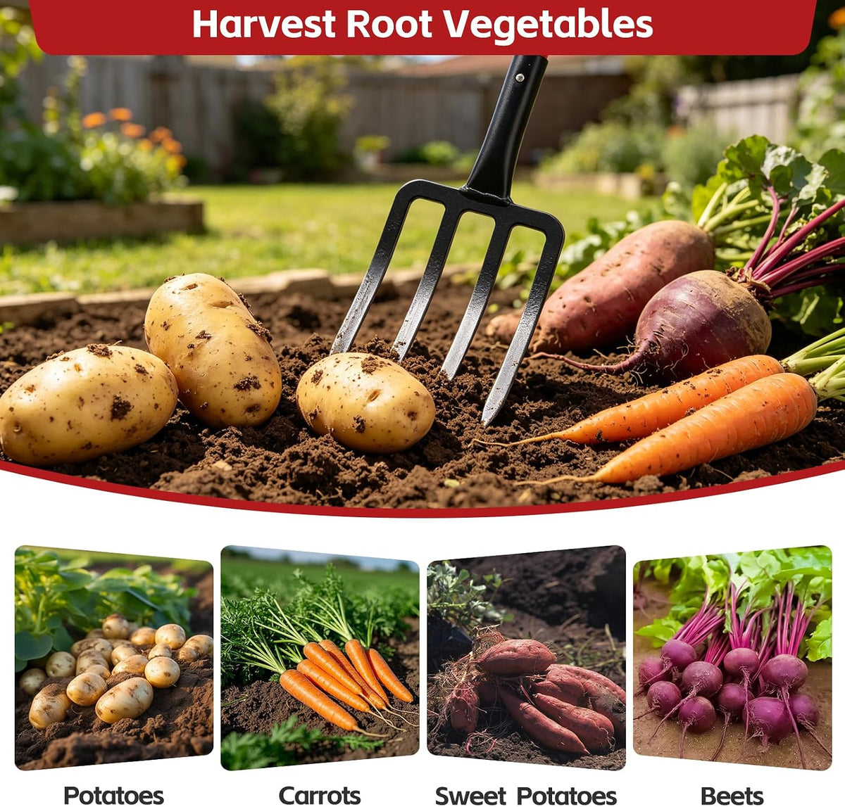 47IN Garden Pitchfork, One-piece Design 4-Tine Garden Fork Heavy Duty Digging Manure Forks for Potato Digging Mulch Spreading Loosening Soil Hay Compost Aeration Transplanting Farm Garden