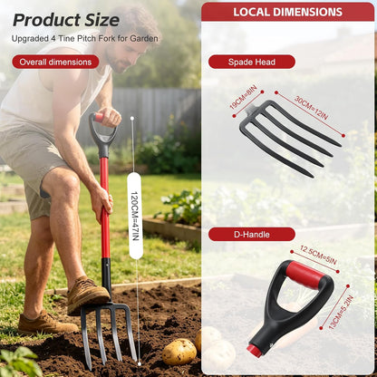 47IN Garden Pitchfork, One-piece Design 4-Tine Garden Fork Heavy Duty Digging Manure Forks for Potato Digging Mulch Spreading Loosening Soil Hay Compost Aeration Transplanting Farm Garden