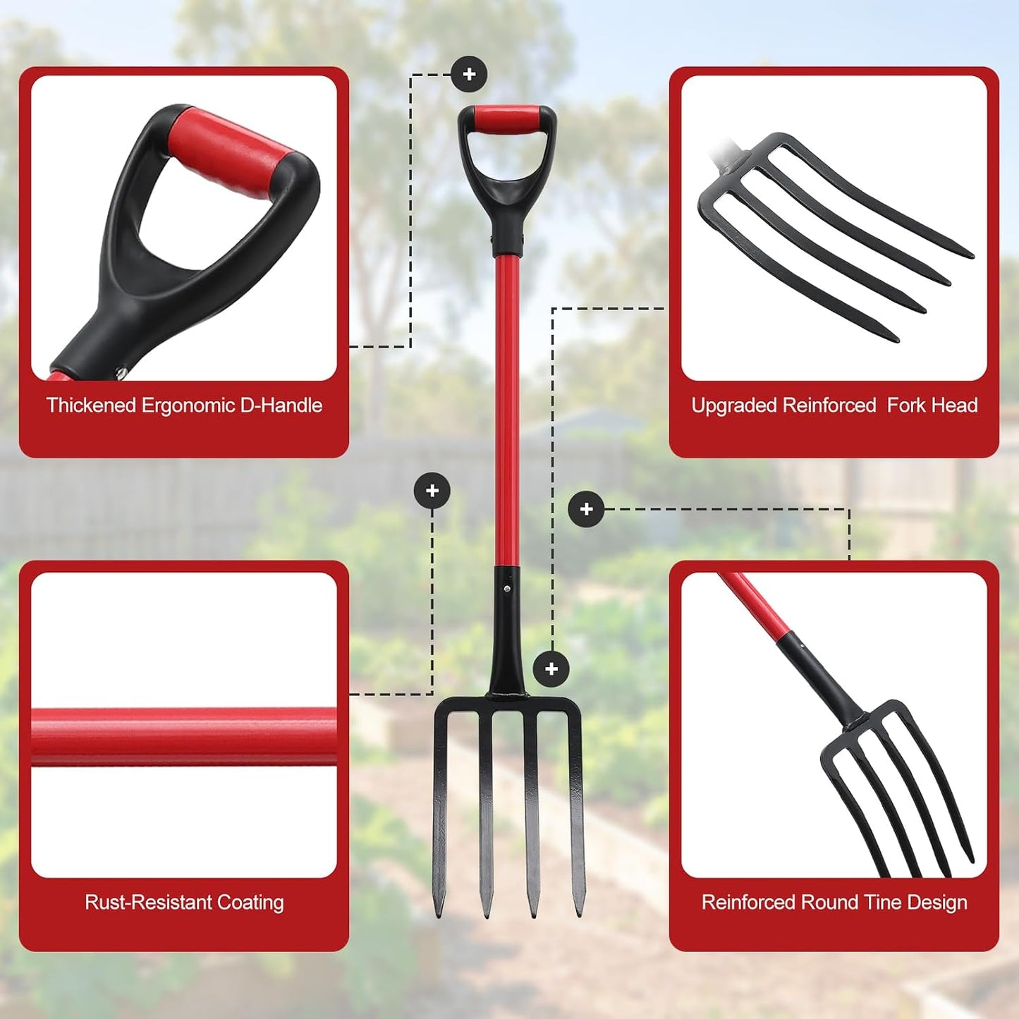 47IN Garden Pitchfork, One-piece Design 4-Tine Garden Fork Heavy Duty Digging Manure Forks for Potato Digging Mulch Spreading Loosening Soil Hay Compost Aeration Transplanting Farm Garden