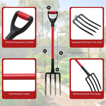 47IN Garden Pitchfork, One-piece Design 4-Tine Garden Fork Heavy Duty Digging Manure Forks for Potato Digging Mulch Spreading Loosening Soil Hay Compost Aeration Transplanting Farm Garden