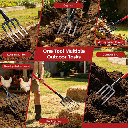 47IN Garden Pitchfork, One-piece Design 4-Tine Garden Fork Heavy Duty Digging Manure Forks for Potato Digging Mulch Spreading Loosening Soil Hay Compost Aeration Transplanting Farm Garden