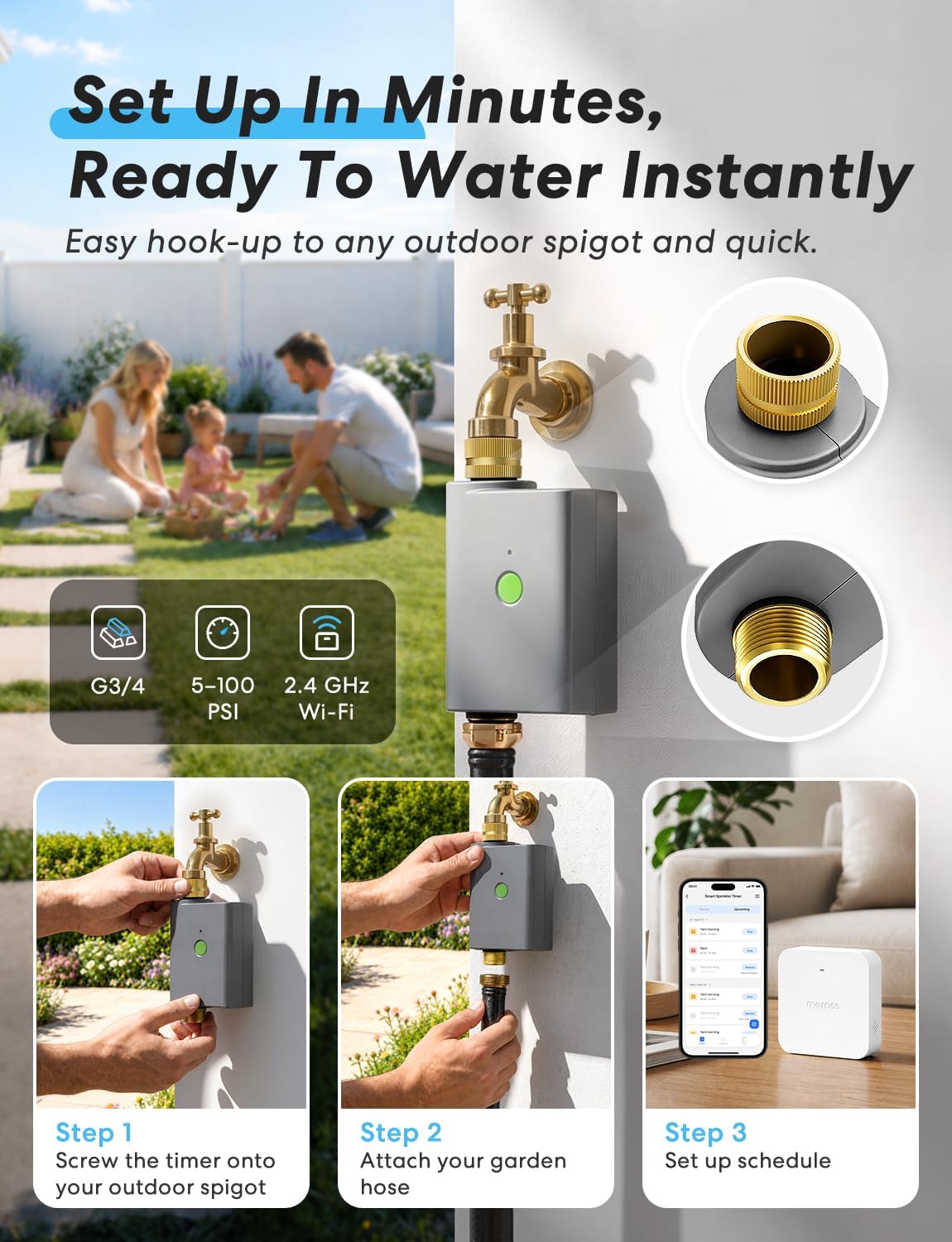 WiFi Water Timer for Garden Hose, Rain Skip, Hub Included, IP65