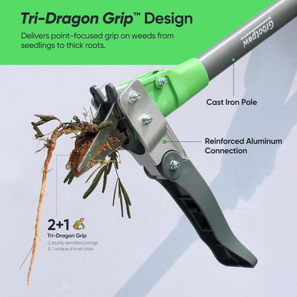 WP5 Heavy Duty Weed Puller Tool, Stand Up Dandelion Weeder with 40" Handle, 3 Claws & Fiberglass Foot Pedal, Weeding Tool Made with Cast-Iron, Easily Remove Weeds Without Bending or Kneeling