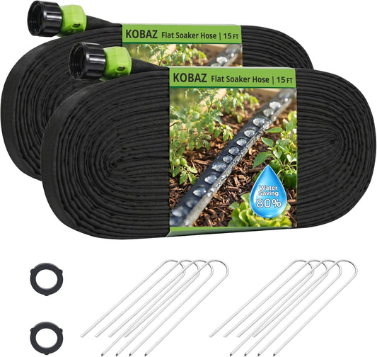Soaker Hose 30 FT, Flat Soaker Hose for Garden, Water-Saving, 15ft 2 pack