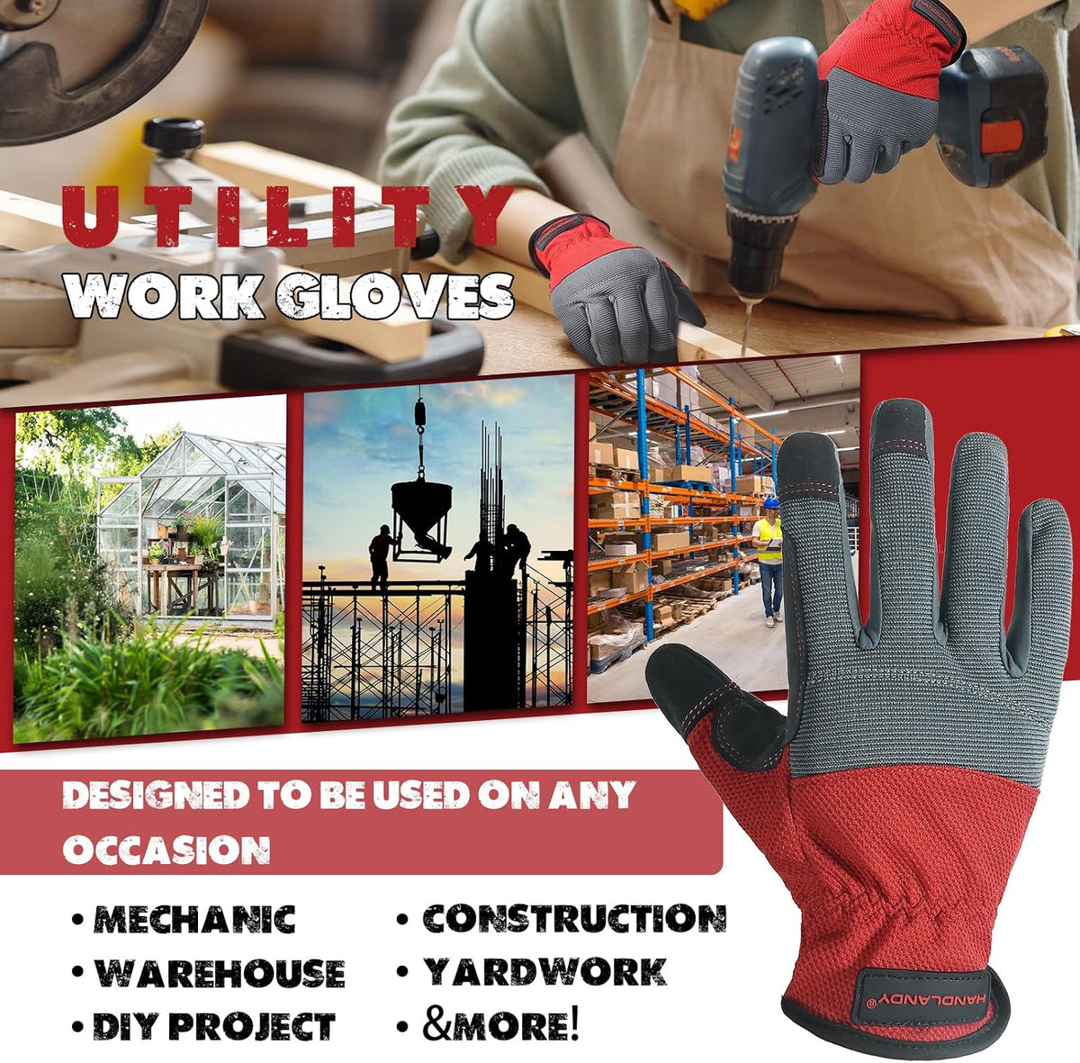 Work Gloves for Men & Women, Utility Mechanic Working Gloves Touch Screen, Flexible Gardening Gloves for Yard