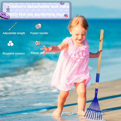 Kids Leaf Rake-Small Wooden Handle Leaf Rake with Metal Tines, 27inches /69cm Length, for Kids Enjoy Garden Cleaning Activities (Blue)