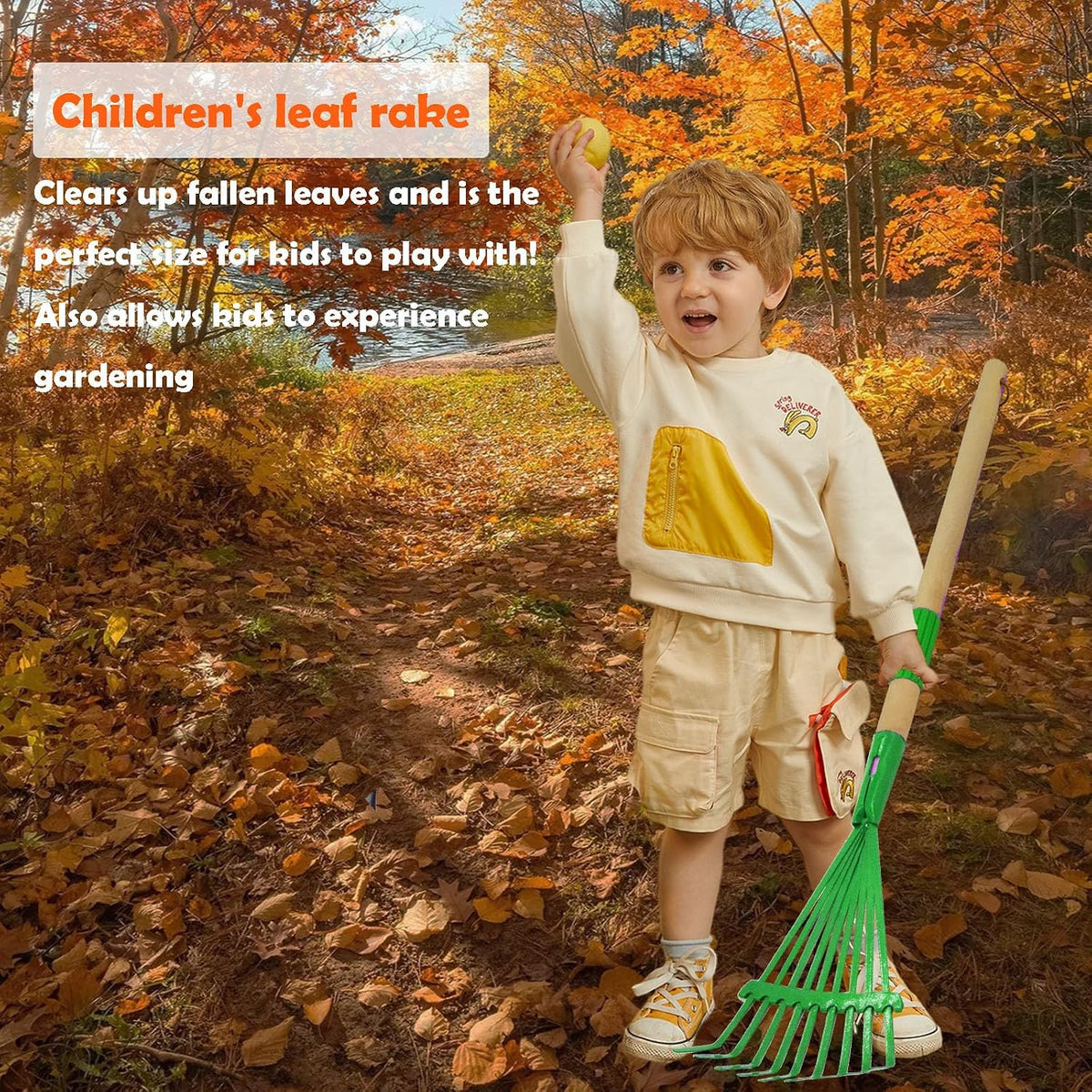 Kids Leaf Rake-Small Wooden Handle Leaf Rake with Metal Tines, 27inches /69cm Length, for Kids Enjoy Garden Cleaning Activities (Blue)