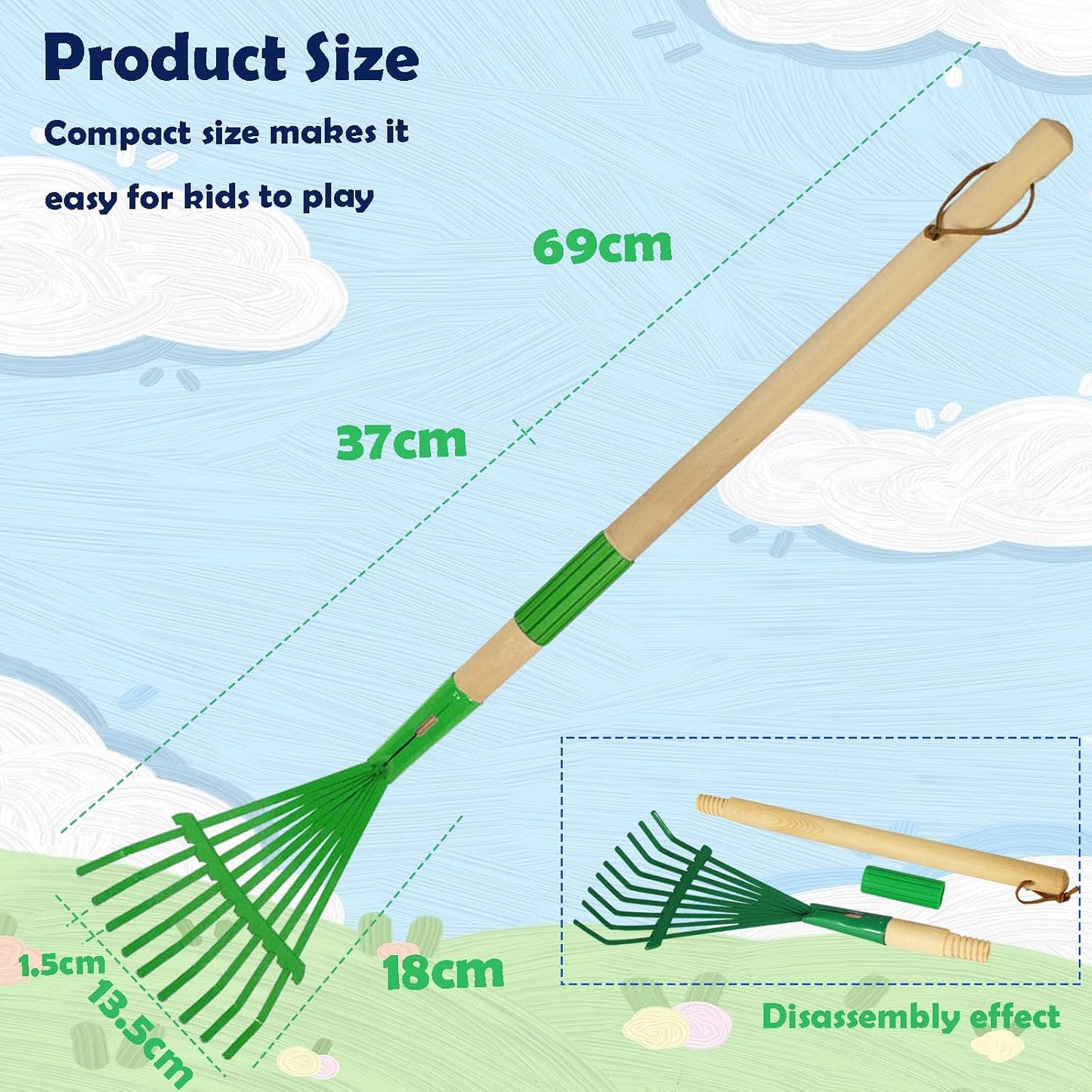 Kids Leaf Rake-Small Wooden Handle Leaf Rake with Metal Tines, 27inches /69cm Length, for Kids Enjoy Garden Cleaning Activities (Blue)