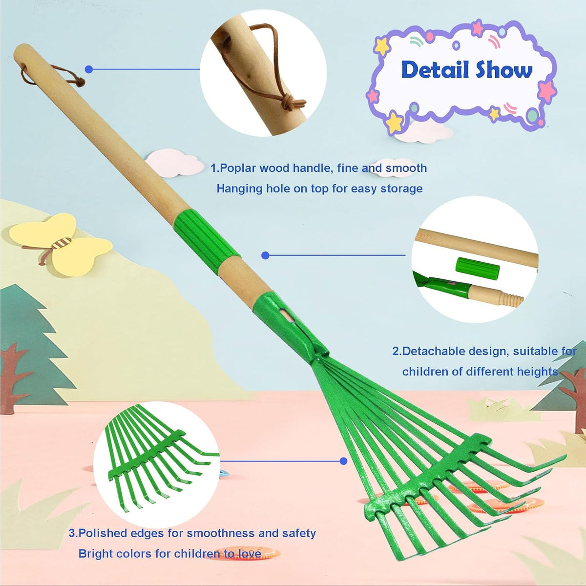 Kids Leaf Rake-Small Wooden Handle Leaf Rake with Metal Tines, 27inches /69cm Length, for Kids Enjoy Garden Cleaning Activities (Blue)