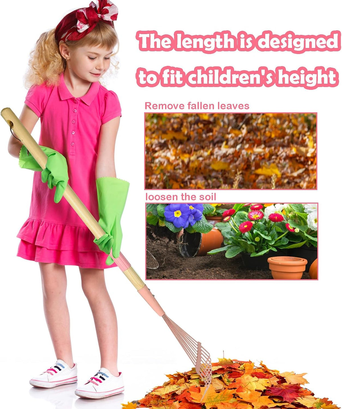 Kids Leaf Rake-Small Wooden Handle Leaf Rake with Metal Tines, 27inches /69cm Length, for Kids Enjoy Garden Cleaning Activities (Blue)