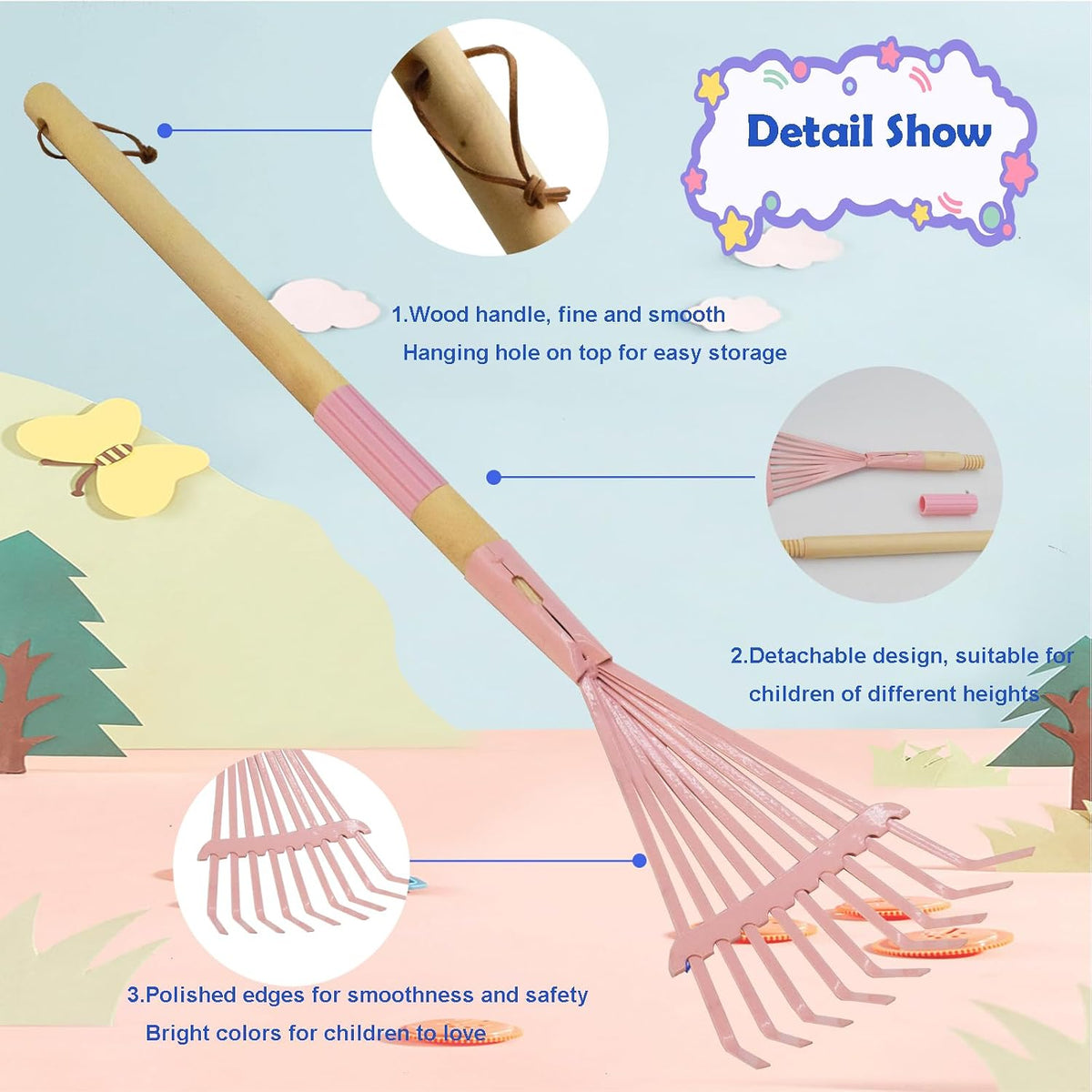 Kids Leaf Rake-Small Wooden Handle Leaf Rake with Metal Tines, 27inches /69cm Length, for Kids Enjoy Garden Cleaning Activities (Blue)