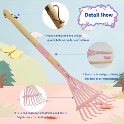 Kids Leaf Rake-Small Wooden Handle Leaf Rake with Metal Tines, 27inches /69cm Length, for Kids Enjoy Garden Cleaning Activities (Blue)