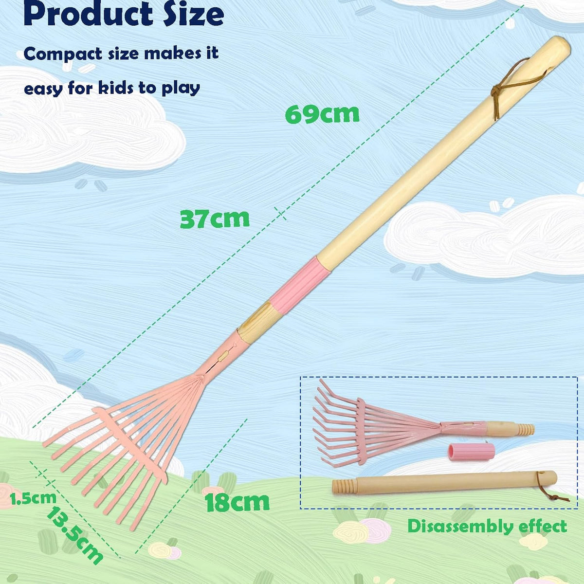Kids Leaf Rake-Small Wooden Handle Leaf Rake with Metal Tines, 27inches /69cm Length, for Kids Enjoy Garden Cleaning Activities (Blue)