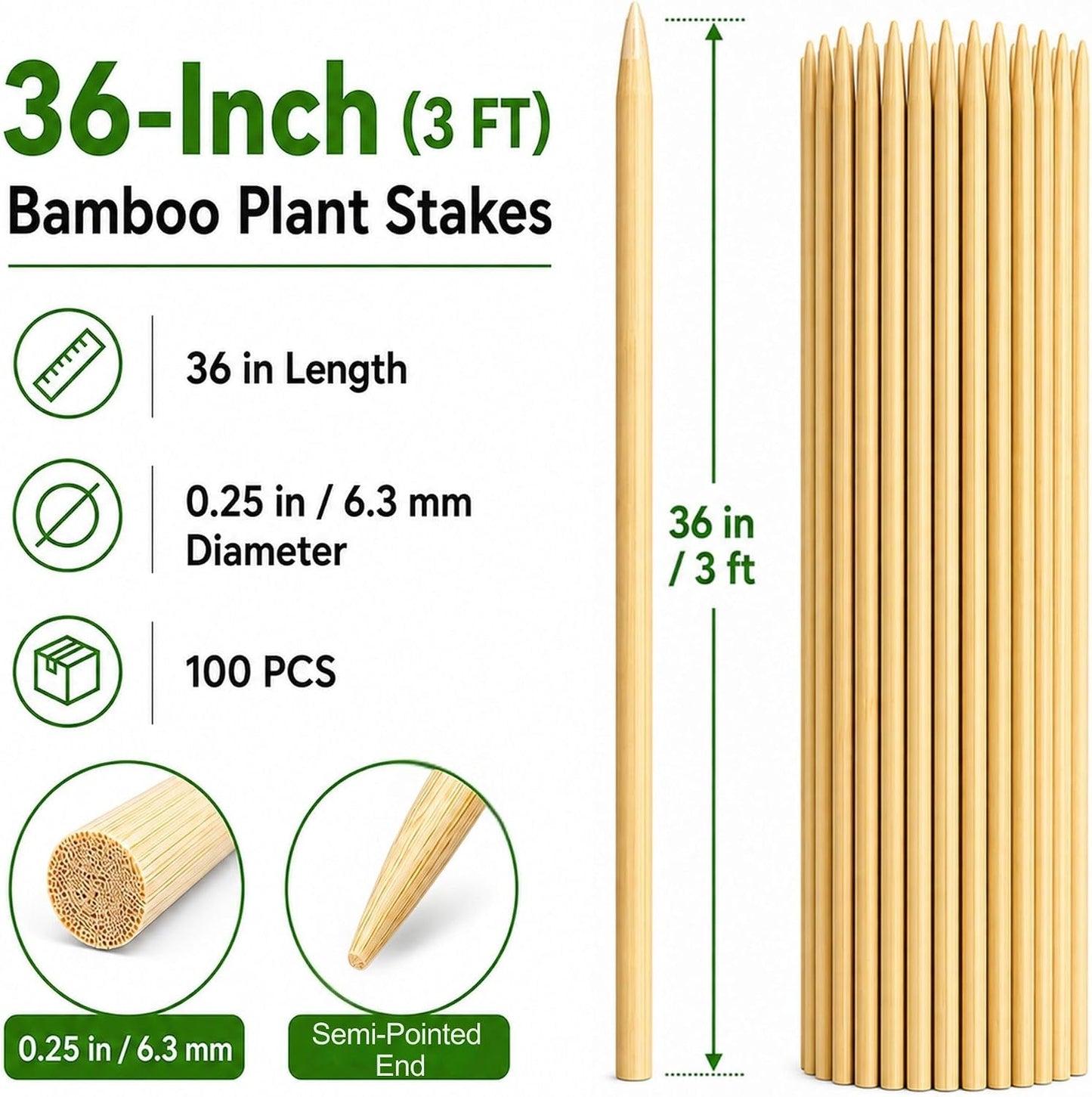 100 PCS 3FT Bamboo Plant Stakes, 6.3mm Thick Bamboo Stakes