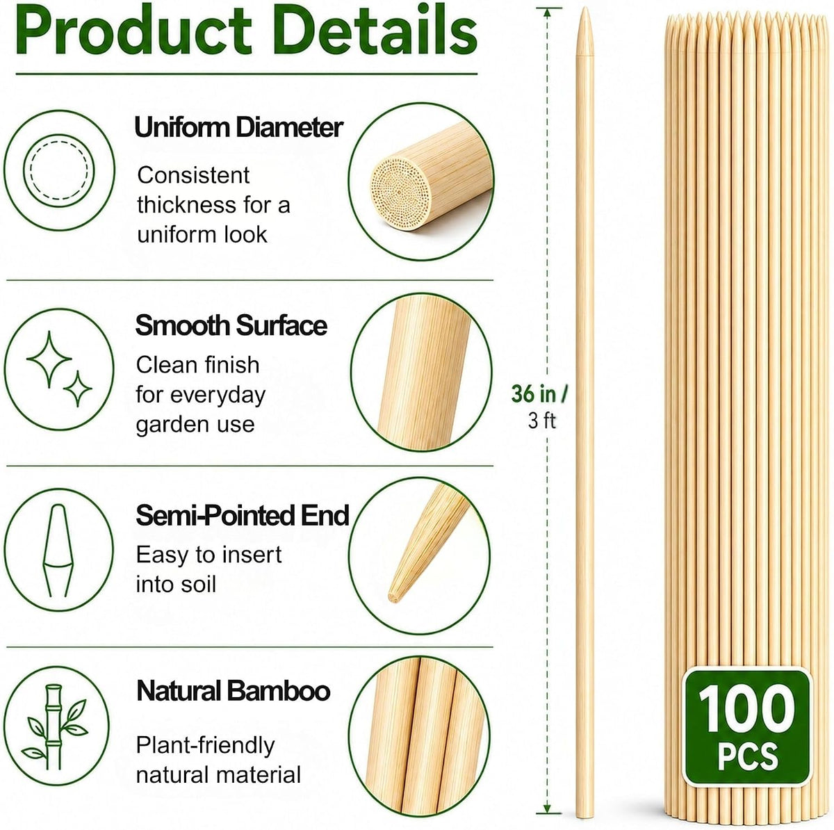 100 PCS 3FT Bamboo Plant Stakes, 6.3mm Thick Bamboo Stakes