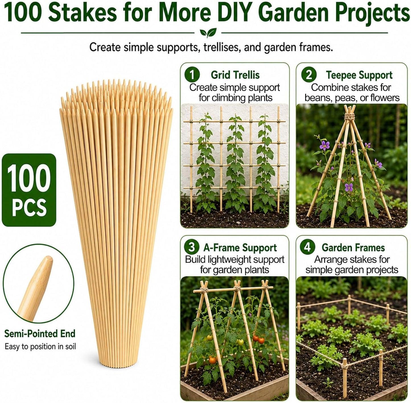 100 PCS 3FT Bamboo Plant Stakes, 6.3mm Thick Bamboo Stakes