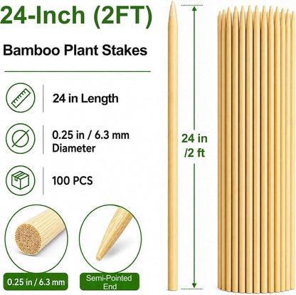 100 PCS 3FT Bamboo Plant Stakes, 6.3mm Thick Bamboo Stakes