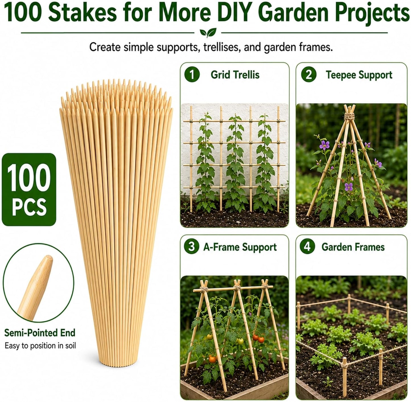 100 PCS 3FT Bamboo Plant Stakes, 6.3mm Thick Bamboo Stakes