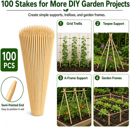 100 PCS 3FT Bamboo Plant Stakes, 6.3mm Thick Bamboo Stakes