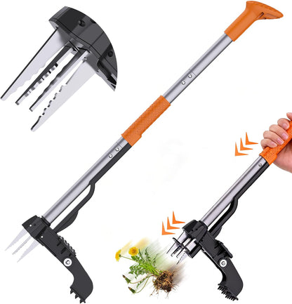 Stand Up Weed Puller Tool - 4-Claw Steel Head Hand Weeding Tool - 40" Retractable Handle with Easy-Eject Mechanism for Dandelions, Clover, No Bending or Kneeling